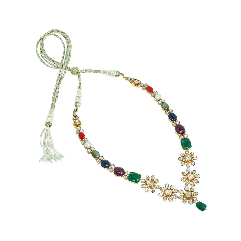 Navaratan Floral Necklace with Polkis, Emeralds, Rubies, and Pearls